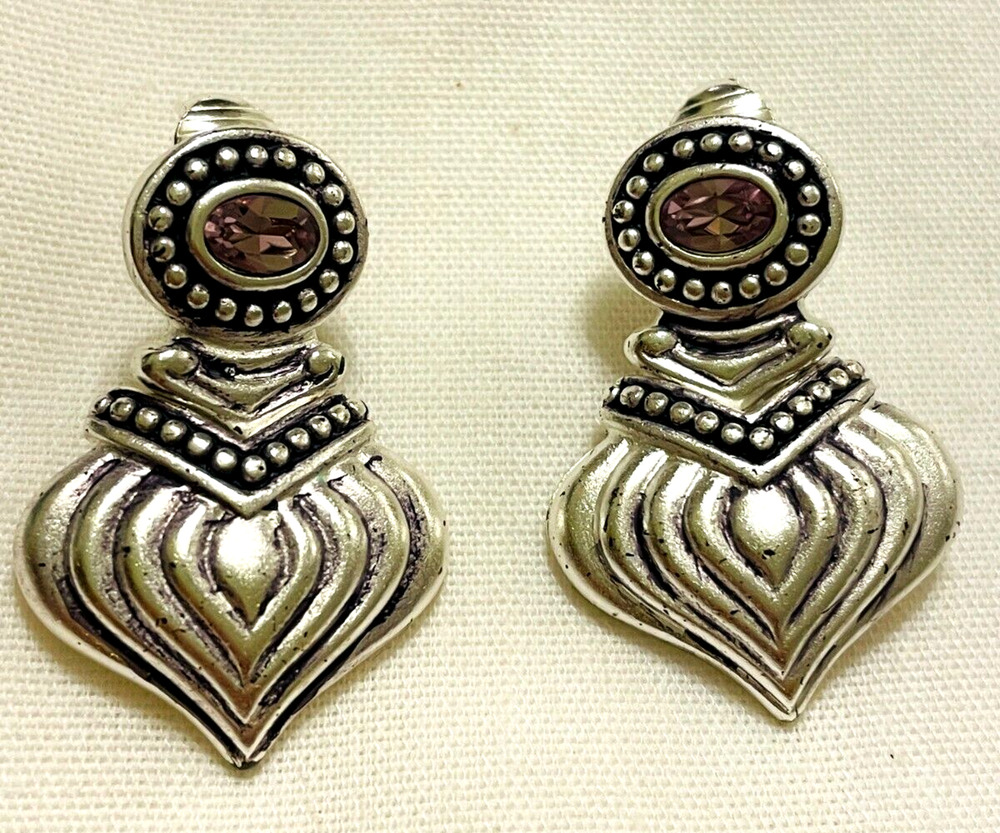 Napier Silver Tone Door Knocker Clip On Earrings Dangle Drop Purple Crystal